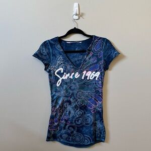 Christian Audigier Y2K short sleeve plunge neckline all over print t-shirt